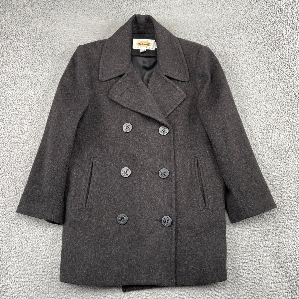 Talbots Pea Coat Womens 2P Gray Pure Wool Double Breasted Nautical Anchor Button